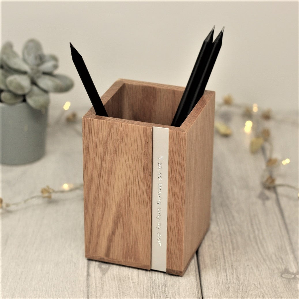 Desk Tidy or Kitchen Tidy - Solid Oak with Engraved Aluminium Insert