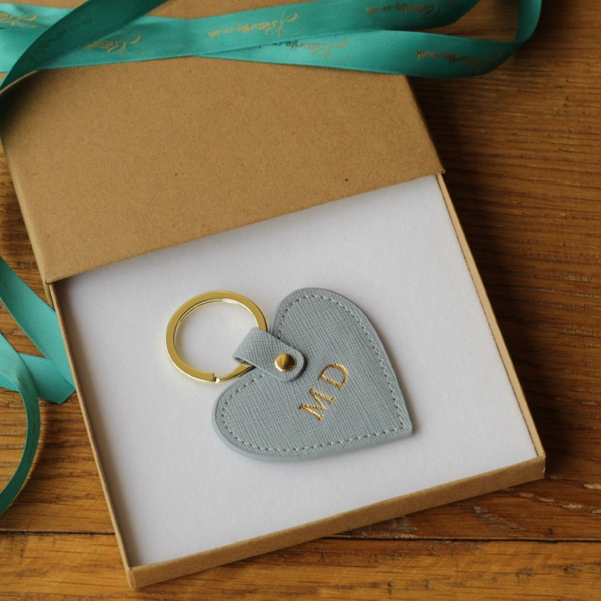 Personalised Grey Saffiano Leather Heart Keyring