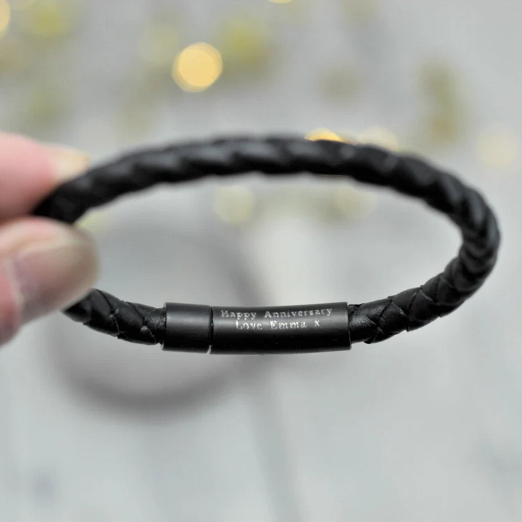 Mens Black Leather Bracelet with secret personalised message