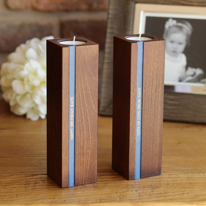 wood candlesticks blue leather