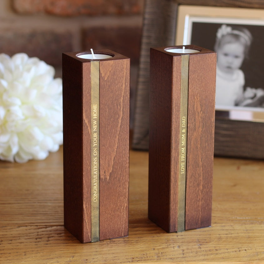 wood candlesticks gold leather