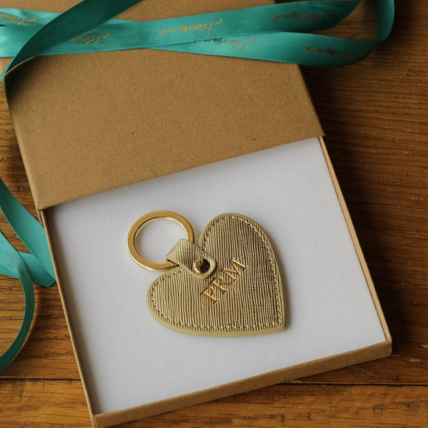 Personalised Gold Saffiano Leather Heart Keyring
