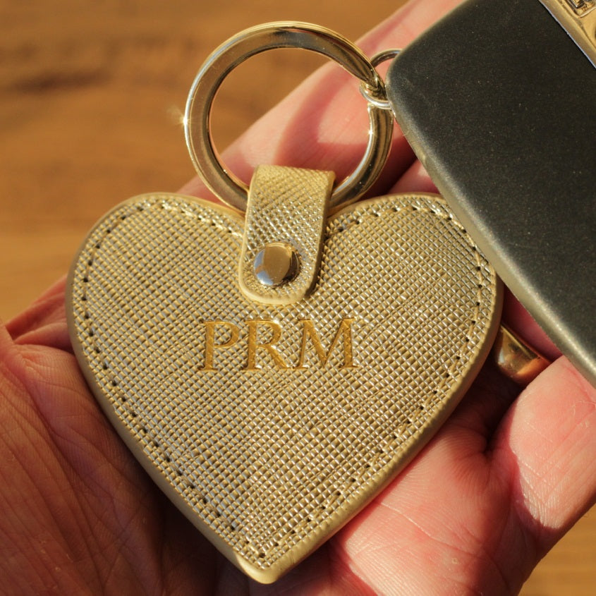 Personalised Gold Saffiano Leather Heart Keyring
