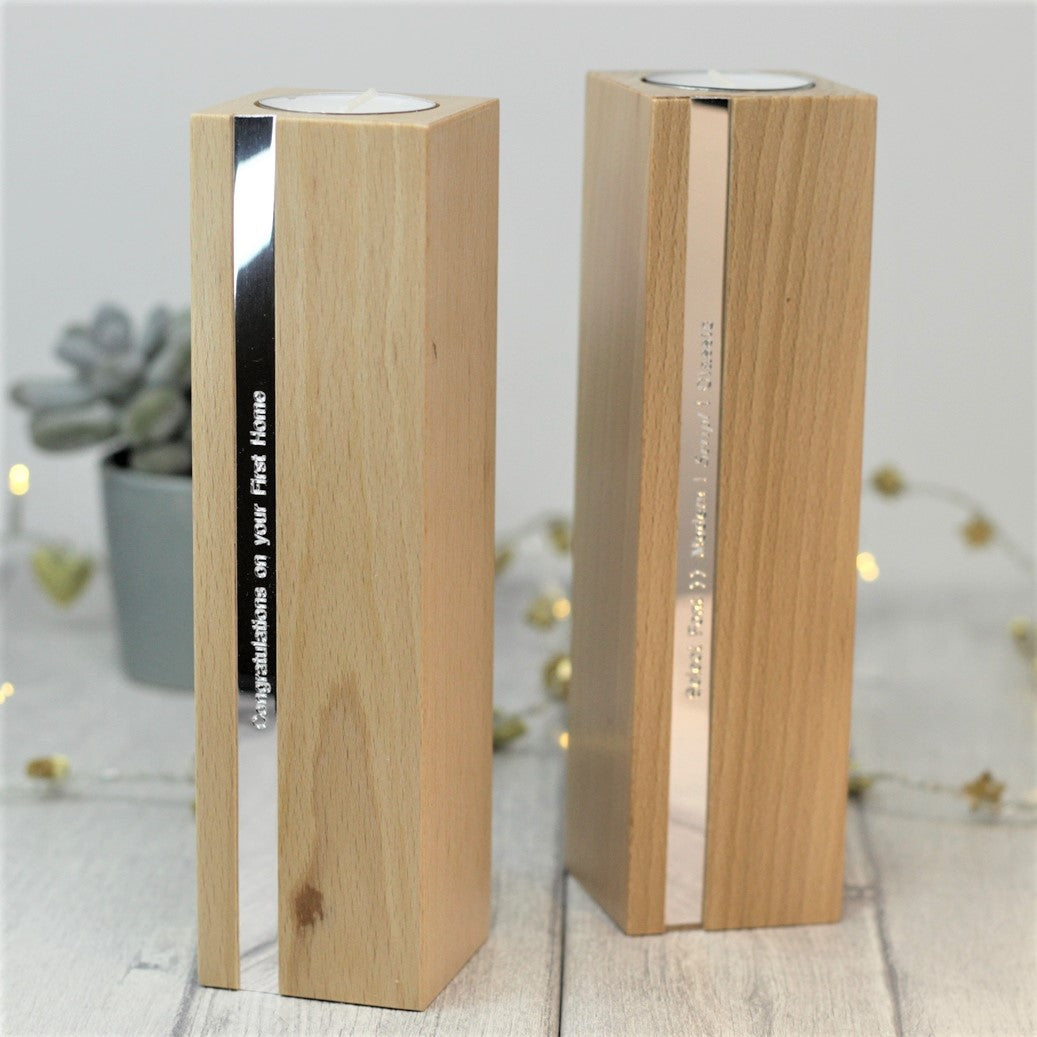 Pair of Personalised Wooden Candlesticks - Light Beech with Polished Silver Aluminium Insert