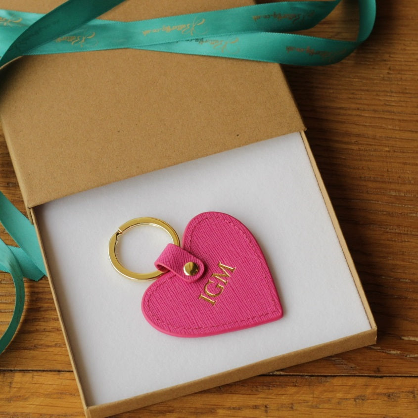 Personalised Pink Saffiano Leather Heart Keyring